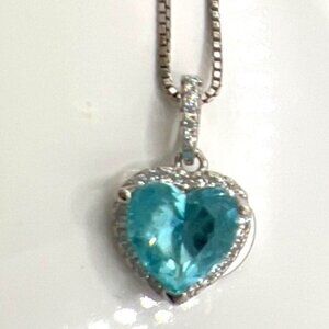 Sterling Silver Heart Necklace With Blue Gemstone Clear Crystals 925 Box Chain